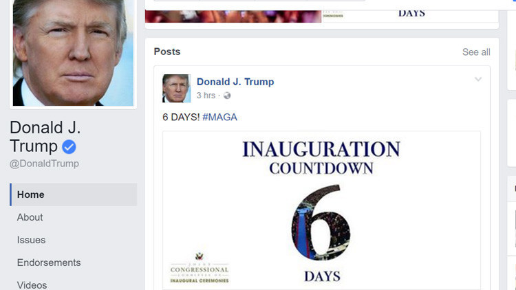 Trump publica en Facebook una cuenta regresiva para su asunción