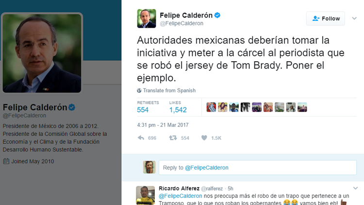 La Red no perdona: Internautas cargan contra Calderón por hablar de la camiseta robada de Tom Brady