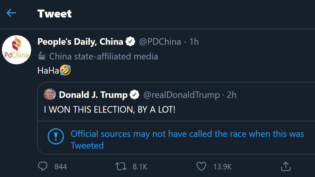 "Jaja": La reacción del periódico oficial del Partido Comunista de China al tuit de Trump en el que afirmó haber ganado "por mucho" las presidenciales