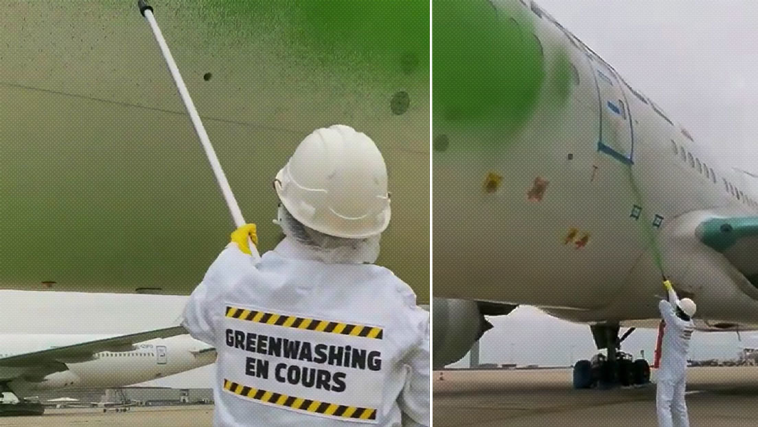 VIDEOS: Activistas de Greenpeace pintan de verde un avión en Francia para exigir mejores políticas medioambientales