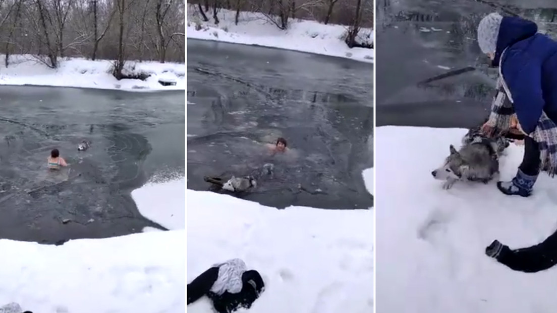Una mujer rusa salta a un río congelado para salvar la vida de un perro (VIDEO)