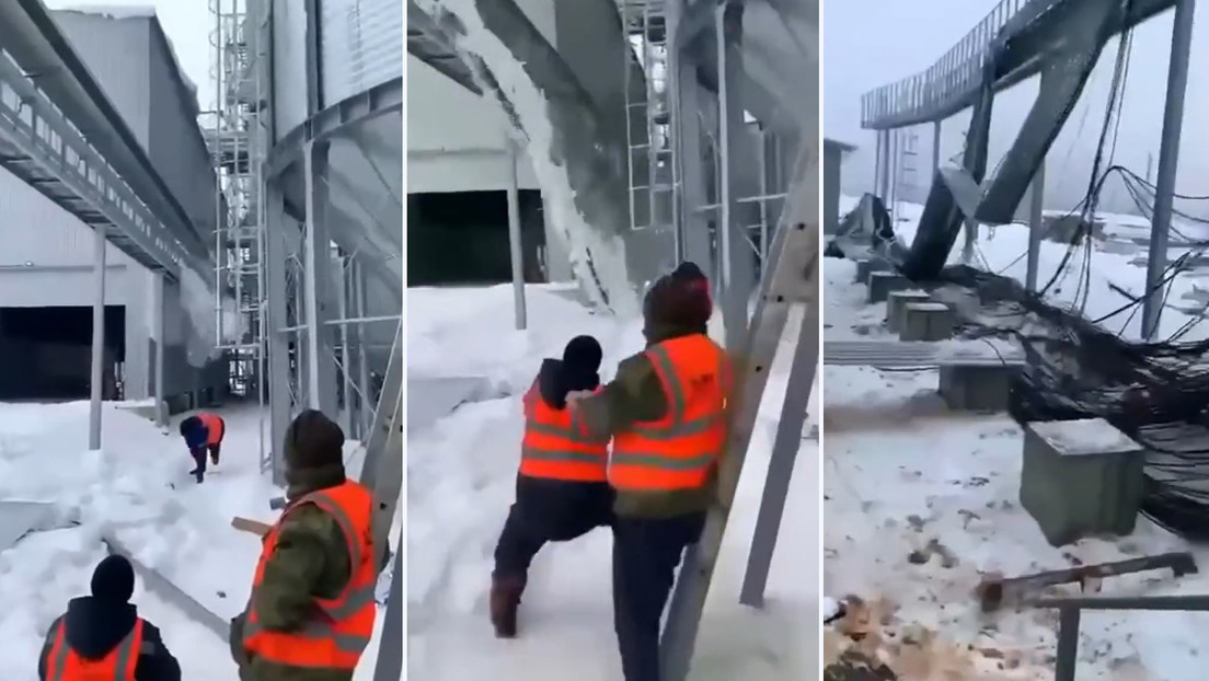 VIDEO: Trabajadores intentan remover la nieve acumulada en el tejado con la ayuda de una bola de hielo, pero la maniobra les sale mal