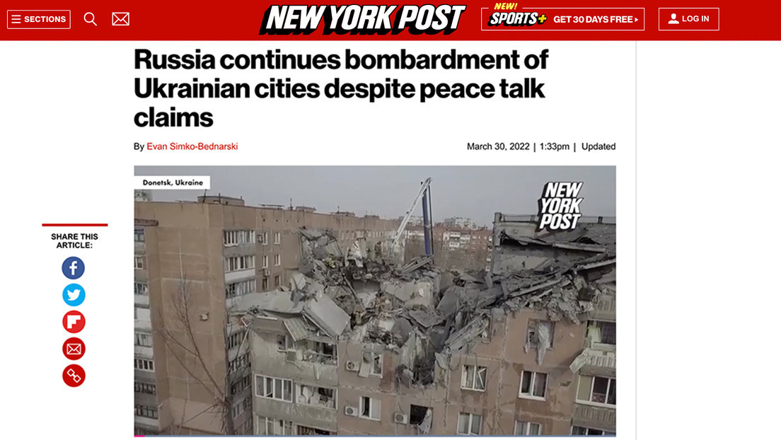 New York Post acusa a Rusia de atacar ciudades en Ucrania mostrando imágenes de un bombardeo que en realidad perpetró el Ejército de Kiev en Donetsk