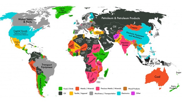 Un mapamundi muestra qué productos son los más exportados en cada país