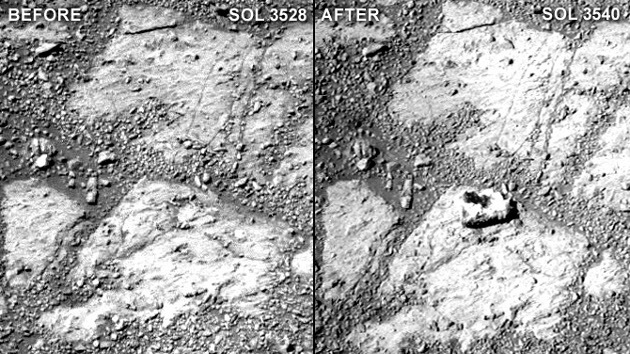 El Opportunity toma una foto de una roca en Marte que apareció enigmáticamente a su lado