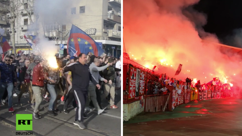 Stimmung während und nach dem Fußball-Spiel zwischen Spartak Moskau und Red Star Belgrad.