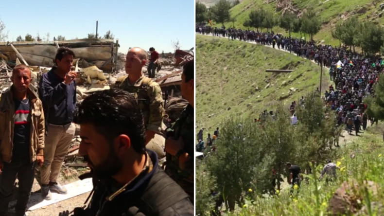 Links: US-Soldaten lassen sich von kurdischen Militärs die Schäden nach türkischen Luftangriffen zeigen.  Rechts: Hunderte Kurden protestieren gegen türkische Luftangriffe. 