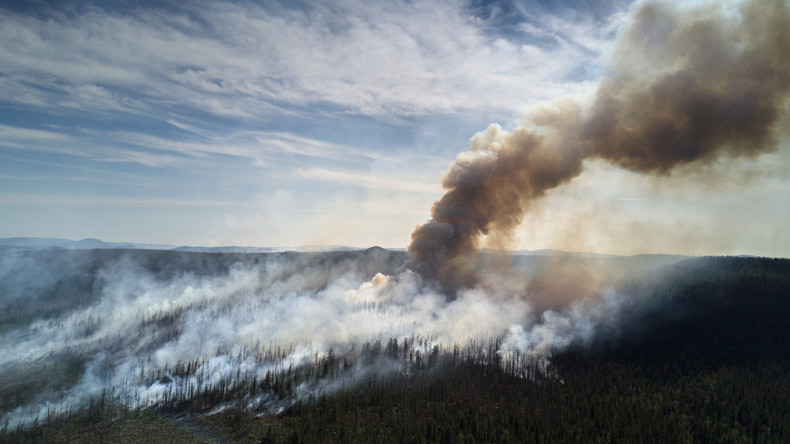 Russland: Zug fährt durch Rauchwand eines Waldbrandes
