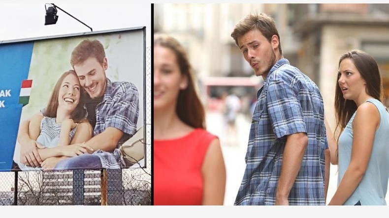 Paar aus Abgelenkter-Freund-Meme auf ungarischen Billboards für Familienunterstützung