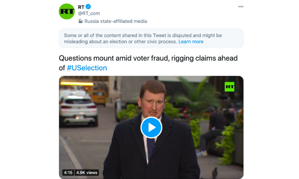 Twitter-Zensur: RT-Berichterstattung über US-Wahl als angeblich irreführend markiert