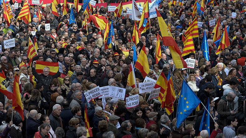 ‘Long live Spain’: Thousands call for unity, protest Catalan secession in Barcelona