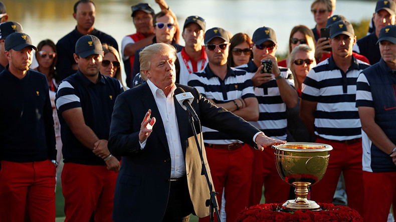 Trump dedicates golf trophy to hurricane victims ahead of Puerto Rico visit (VIDEO)
