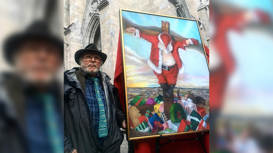 Painting of crucified Santa shocks New York holiday crowds