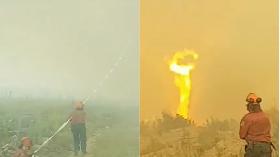 Canadian firefighters battle fire tornado for control of their hose (VIDEO)