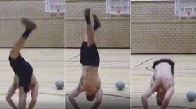 Whoosh! British gymnast Dominick Cunningham nails an amazing front flip basketball trick shot