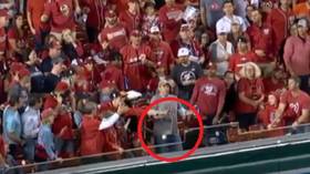 'What a legend': Baseball fan lauded for keeping hold of two beers while taking home run drive to the gut (VIDEO)