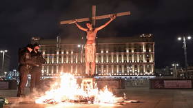 Scorching savior: Russian activist faces a month in jail after fiery crucifixion stunt outside Moscow’s FSB headquarters