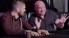 Dana getting desperate? UFC president spotted trying to convince Khabib to return during UAE Warriors MMA event (VIDEO)