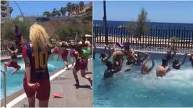 Pool party: Barca women take plunge after winning title with ASTONISHING points & goals tally as Chelsea loom in UCL final (VIDEO)