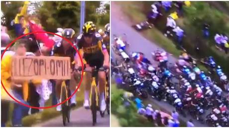 One hapless fan caused carnage at the Tour De France. © Twitter @SiClancy