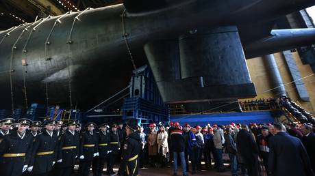 FILE PHOTO. Nuclear submarine " Belgorod "during the launch at JSC "Production Association" Sevmash " in Severodvinsk, Russia. © RIA