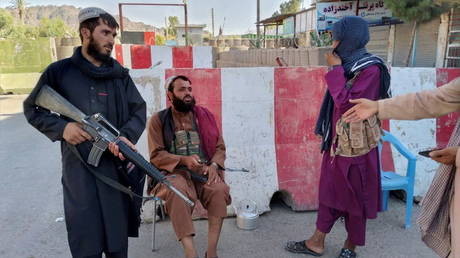 Taliban fighters stand guard at a checkpoint in Farah, Afghanistan, August 11, 2021