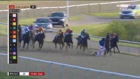 WATCH shocking moment jockey flipped upside down at 41mph by own horse