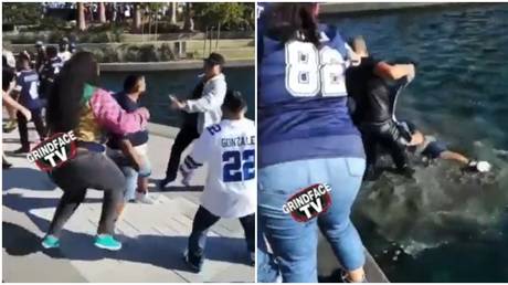 A set of brawling NFL fans ended up getting wet in their scuffle. © Twitter @GrindFaceTV