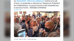 French President Macron hit by egg-shaped projectile at catering & food fair in Lyon (VIDEO)
