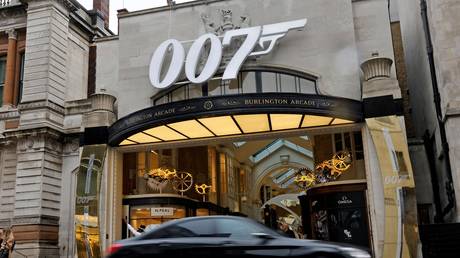 A James Bond 007 logo above the entrance to Burlington Arcade in London, October 4, 2021.