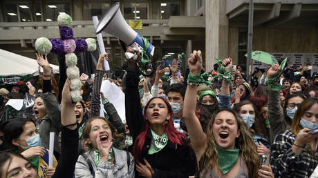 Pro-Choice demonstrators celebrate outside the Constitutional Court in Colombia. © Guillermo Legaria Schweizer / Getty Images