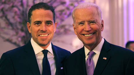 Hunter Biden and then-Vice President Joe Biden are shown attending an April 2016 event in Washington.