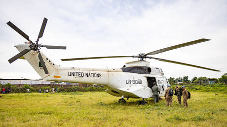 The Pakistani Puma helicopter with the tail number 810, part of the UN mission in Congo, is shown in this February 27, 2020 file photo