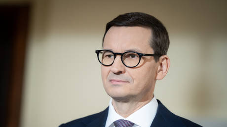 Polish Prime Minister Mateusz Morawiecki joint press conference with CEO of Alphabet and Google Sundar Pichai at the Chancellery in Warsaw, Poland on March 29, 2022. © Mateusz Wlodarczyk / NurPhoto via Getty Images