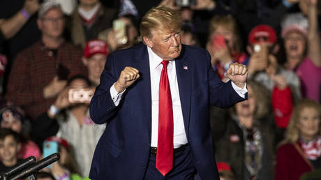 Former US President Donald Trump speaking at a rally in Washington Township, Michigan. © AP / Junfu Han