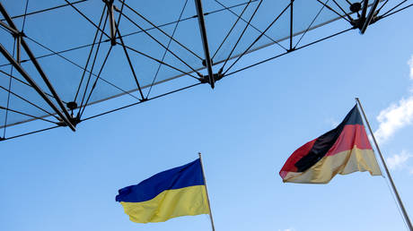 FILE PHOTO: Ukrainian and German flags are seen in Munich, Baravria, Germany, on February 25, 2022.
