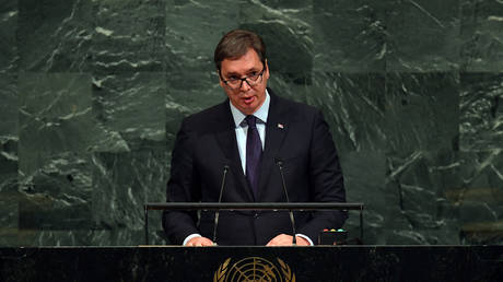Serbian President Aleksandar Vucic speaks at the UN General Assembly in New York, US, 2017. © Timothy Clary/AFP