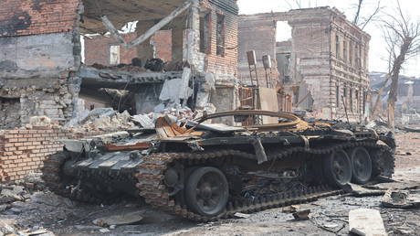 FILE PHOTO. A destroyed armored vehicle in the city of Mariupol. ©Leon Klein / Anadolu Agency via Getty Images