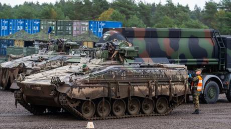FILE PHOTO: Germany's Marder infantry fighting vehicles are seen at a training range in Lower Saxony, Germany, on October 11, 2019.