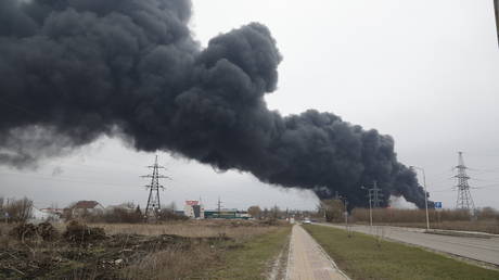 FILE PHOTO: An image of damage after Regional Governor Vyacheslav Gladkov says that helicopters of the Ukrainian Army hit the oil refinery in Belgorod, Russia on April 1, 2022. © Stringer / Anadolu Agency via Getty Images