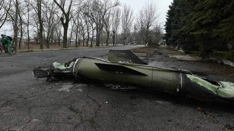 FILE PHOTO: Remains of a 'Tochka-U' missile in the Kirovsky district of Donetsk, February 26, 2022. ©  Stringer / Anadolu Agency via Getty Images