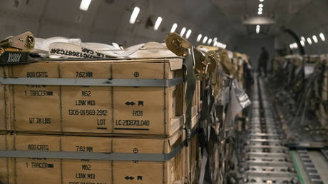FILE PHOTO. Pallets of ammunition, weapons and other equipment bound for Ukraine pictured on board of a US Air Force plane.
