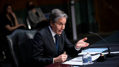 US Secretary of State Anthony Blinken is shown testifying in a US Senate hearing on Tuesday in Washington.