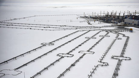 Incoming pipelines leading to the Bovanenkovo gas field on the Yamal peninsula in the Arctic circle on May 21, 2019, Yamalo-Nenets Autonomous Region, Russia