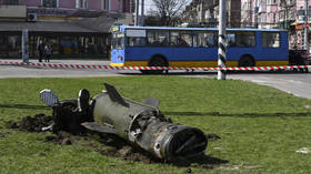 A fragment of a Tochka-U missile lies on the ground following an attack at the railway station in Kramatorsk, Ukraine, Friday, April 8, 2022. © AP Photo/Andriy Andriyenko