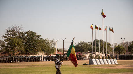 A flag bearer opens a military parade on Army Day, January 20, 2022, Kati, Mali