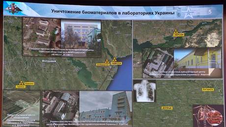 A slide from the Russian Defense Ministry’s presentation on Ukrainian biological facilities, Moscow, Russia, 2022. © Russian Defense Ministry / Sputnik