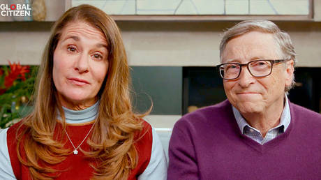 Bill Gates and his then-wife, Melinda Gates, are shown participating in a Global Citizen broadcast in April 2020.