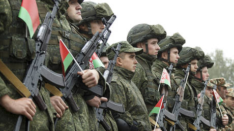 Belarusian servicemen attend the opening ceremony of the “Zapad-2021” joint strategic exercise of the armed forces of the Russian Federation and the Republic of Belarus at the Mulino training ground on September 9, 2021, Nizhny Novgorod region, Russia