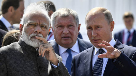 FILE PHOTO. Russia's President Vladimir Putin (R) speaks with India's Prime Minister Narendra Modi (L). © AFP / Alexander NEMENOV